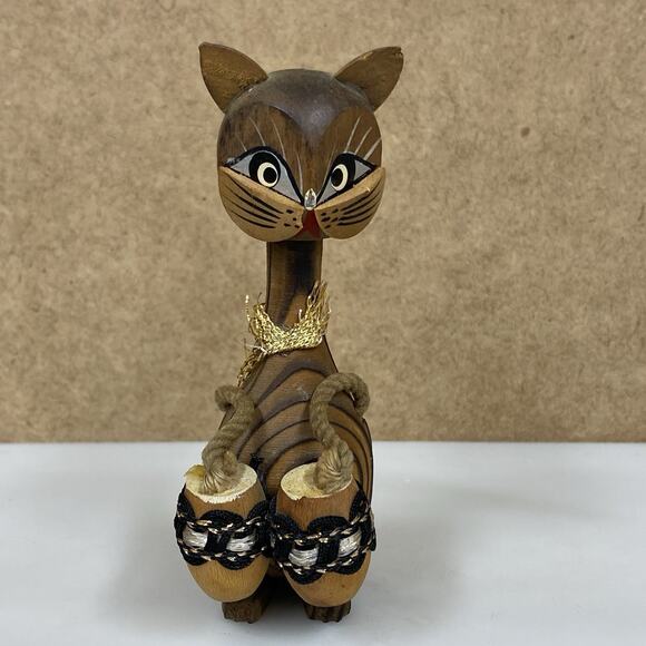 Vintage MCM Wooden Bobblehead Cat Playing Bongo Drums 4.5” Made In Japan - READ - Picture 1 of 9